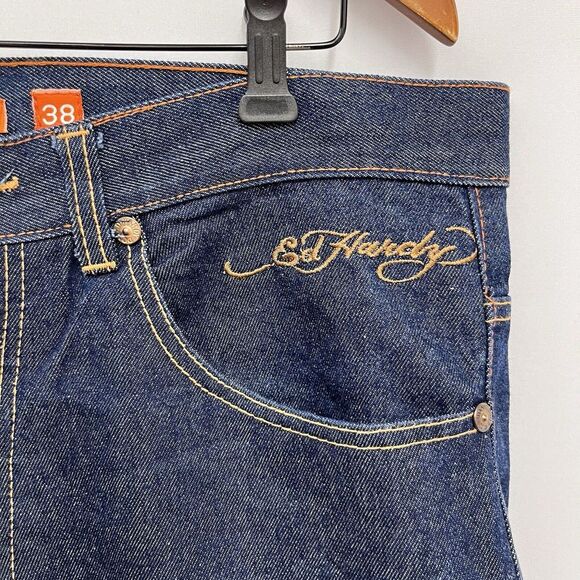 Ed Hardy Y2K Mens 38 Button Fly Wide Leg Jean 16" Shorts Embroidered Eagle Skull - Picture 5 of 12